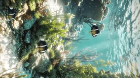 Vertical video of beautiful underwater scene with yellowtail clownfish school among marine plants on coral reef in shallow water on ocean floor or tropical aquarium. Undersea background 3D animation.