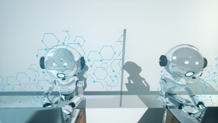 robots chat bots a.i. working an operators human job. Answering and help to customer with service. Modern futuristic 3d 4k animation Royalty-Free Stock Footage #1108143073