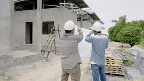 Architects and engineers building houses wear hard hats. Standing at a house construction site. Look blueprint of the house. Plan to complete tasks faster. Cooperation of people of many nationalities - Powered by Shutterstock - Get 15% off with code: PIKWIZARD15