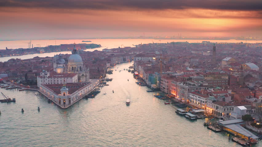 Venice italy skyline aerial view at sunrise colored sky. Venice grand canal cathedral church in old town birds view. Venedig ships italy city. Royalty-Free Stock Footage #1108151631