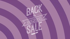Animation of back to school and sale text over circular pattern against purple background. Digitally generated, hologram, illustration, education, school, discount, shopping and advertisement. - Powered by Shutterstock - Get 15% off with code: PIKWIZARD15
