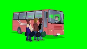 Bus is waiting for passengers, cartoon animation of a bus on a green background.