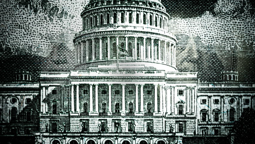 The US Capitol on fifty dollars, portraits of Franklin and Washington with glowing eyes, a rotating pyramid with an eye at the top on the US one dollar bill. Conspiracy theory. 4k video collage. Royalty-Free Stock Footage #1108155397