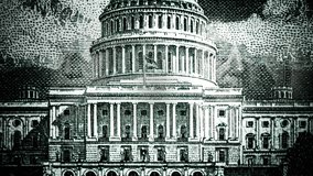 The US Capitol on fifty dollars, portraits of Franklin and Washington with glowing eyes, a rotating pyramid with an eye at the top on the US one dollar bill. Conspiracy theory. 4k video collage. - Powered by Shutterstock - Get 15% off with code: PIKWIZARD15