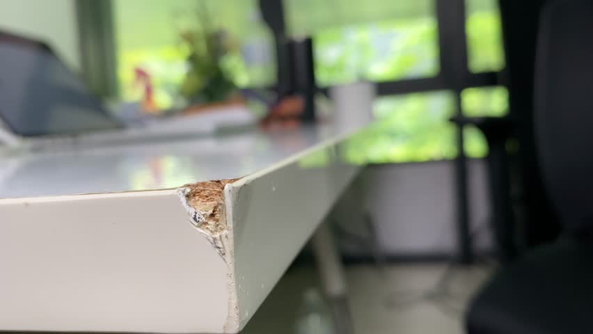 Broken edge of white table close up view office room indoor with blurred sunny day outside park in background. Office chair sliding Royalty-Free Stock Footage #1108156055
