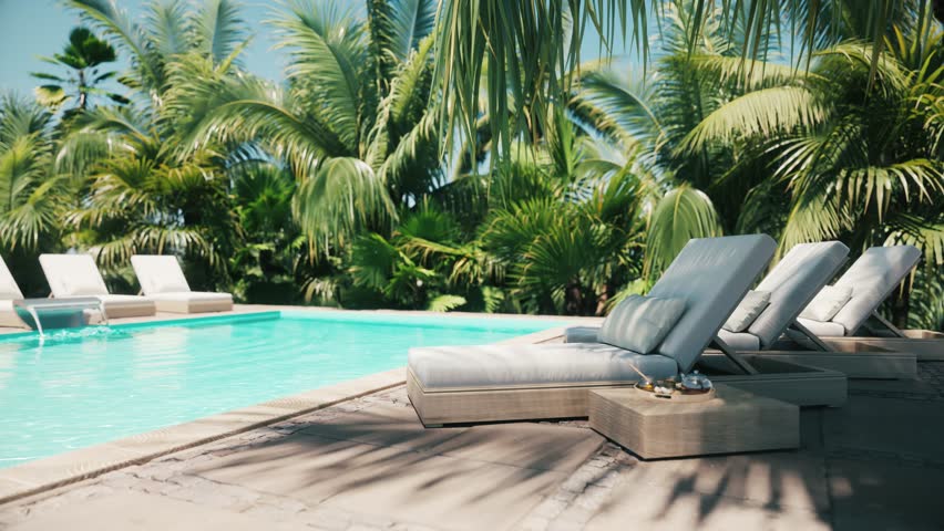 Lounge bed near the pool. Terrace with sunbed and palm trees. Relaxation on pool terraces in exotic hotel.	 | Shutterstock HD Video #1108156441