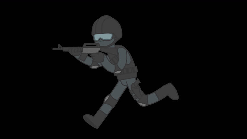 2d animation of SWAT police man in uniform runs holding a machine gun in his hands. Looped 4K video with alpha-channel.