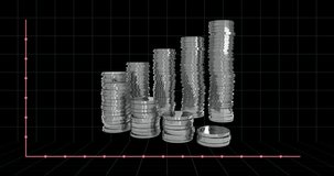 Animation of financial data processing over silver coins. Global business, finances, computing and data processing concept digitally generated video.