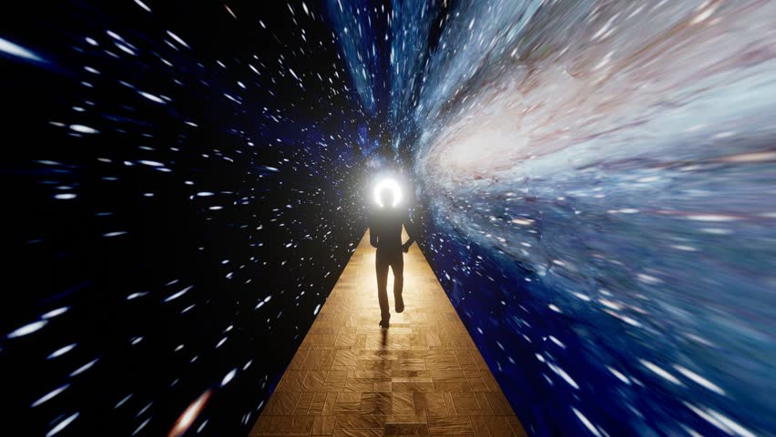 Man running om a golden road  through space stars and nebula Royalty-Free Stock Footage #1108157679