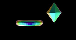 Animation of 3d multicoloured shapes over black background. Abstract, colour, shape and movement concept digitally generated video.