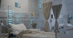 Animation of network of medical icons and data processing over hospital bed. Global science, medicine, research, computing and data processing concept digitally generated video.
