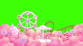 Looped cartoon amusement park frame with ferris wheel, merry-go-round, roller coaster, soft serve ice cream, lollipops, candy canes, and clouds on green screen background animation. - Powered by Shutterstock - Get 15% off with code: PIKWIZARD15
