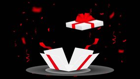 Realistic opening box. Moving festive element with gift box, red ribbon and bow. Surprise, present or special offer for holiday. Copy space. 3D graphic animation isolated on transparent background - Powered by Shutterstock - Get 15% off with code: PIKWIZARD15