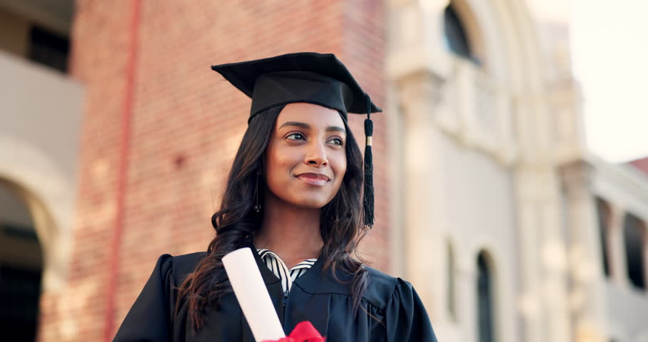 Happy woman, student and graduate thinking in future or career ambition at outdoor campus. Female person smile in graduation with diploma, certificate or degree in dream, goal or academic scholarship Royalty-Free Stock Footage #1108169593