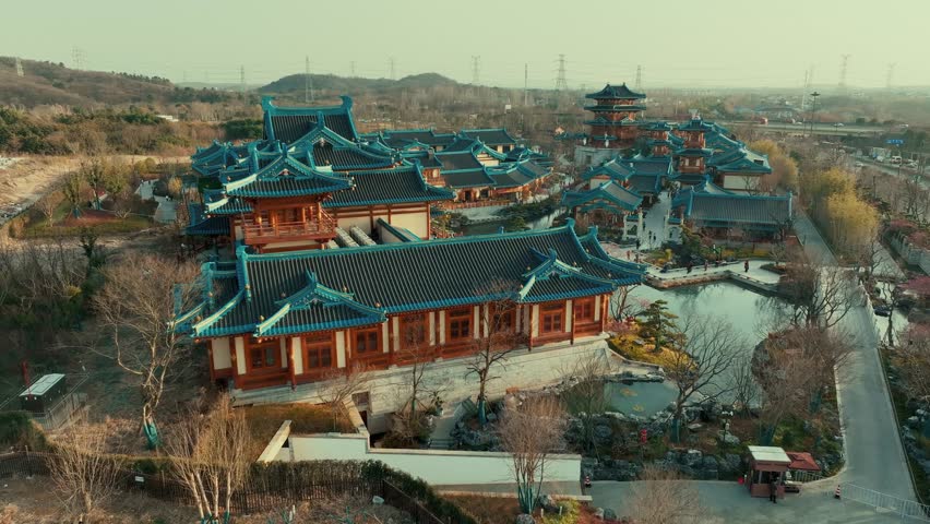 Aerial view of vintage buildings in park of Nanjing city in Jiangsu, China