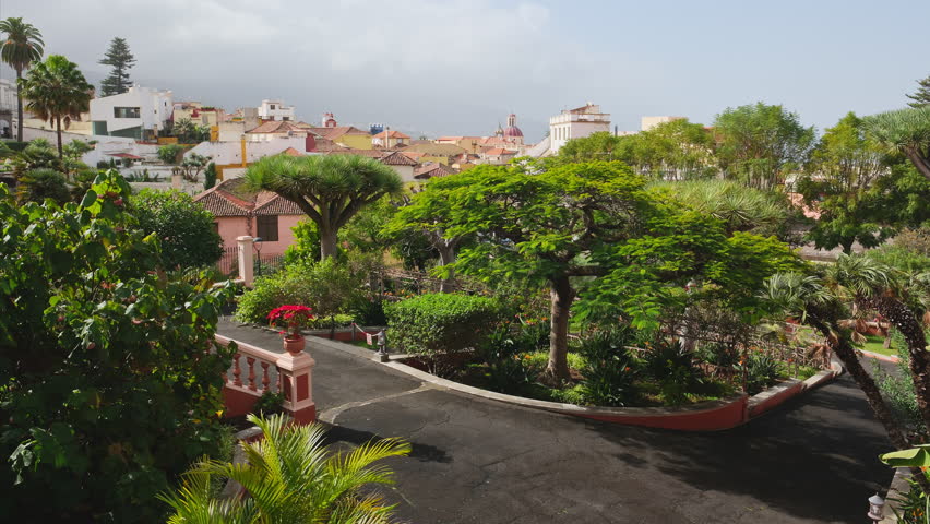 Jardines del Marquesado de la Quinta Roja garden in La Orotava town, Tenerife, Canary islands, Spain. Tropical botanical gardens in La Orotava town on Tenerife island. Still shot. 