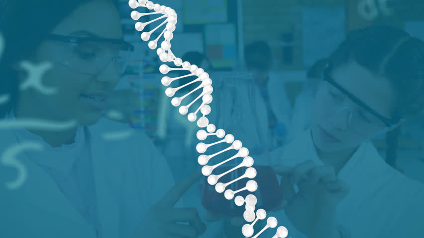Animation of dna helix, mathematical equation, diverse female scientists examining liquid in beaker. Digital composite, multiple exposure, education, research, molecule, teamwork and technology. - Powered by Shutterstock - Get 15% off with code: PIKWIZARD15