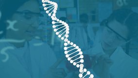 Animation of dna helix, mathematical equation, diverse female scientists examining liquid in beaker. Digital composite, multiple exposure, education, research, molecule, teamwork and technology. - Powered by Shutterstock - Get 15% off with code: PIKWIZARD15
