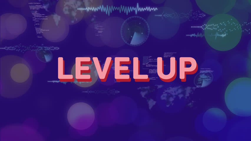 Animation of geometric shapes, level up text, map and computer language over blue background. Digitally generated, hologram, progress, global, coding , video game and technology concept. - Powered by Shutterstock - Get 15% off with code: PIKWIZARD15