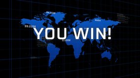 Animation of you win text, numbers and computer language with map over black background. Digitally generated, hologram, illustration, digits, victory, video game, arcade and global concept. - Powered by Shutterstock - Get 15% off with code: PIKWIZARD15
