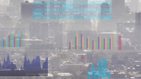 Animation of multiple graphs over aerial view of cityscape on sunny day. Digital composite, multiple exposure, business, report, progress, building, architecture, urban and skyline concept. - Powered by Shutterstock - Get 15% off with code: PIKWIZARD15