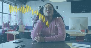 Animation of statistical data processing over portrait of biracial woman having video call at office. Computer interface and business data technology concept