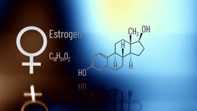 Multicolored shimmering background with the word Estrogen and chemical formula.