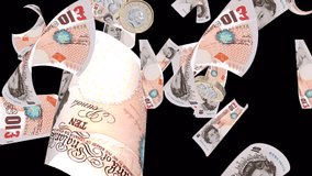 Animation British money coin and paper falling in slow motion transition. United Kingdom Finance. English international currency Pounds. Money rain motion 3D background in 4k and transparent alpha