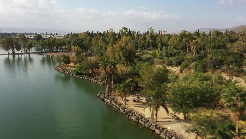 Aerial video on the Kinneret coastline in the north of Israel