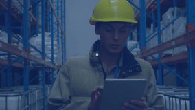 Animation of network of digital icons over caucasian female supervisor using tablet at warehouse. Global networking and logistics business technology concept - Powered by Shutterstock - Get 15% off with code: PIKWIZARD15