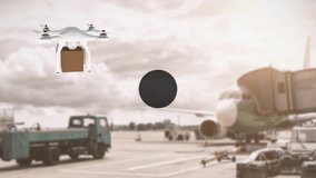 Animation of network of digital icons against drone carrying a delivery box at an airport. Global networking and logistics business technology concept - Powered by Shutterstock - Get 15% off with code: PIKWIZARD15