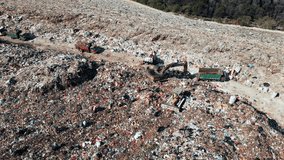Big Waste Dump and Trash Truck with Garbage in Aerial Top View. Large Rubbish Landfill with Heaps Dirt Refuse. Damage Pollution Concept of Ecosystem Land. Factory with Bulldozer Machine and Workers 4k - Powered by Shutterstock - Get 15% off with code: PIKWIZARD15