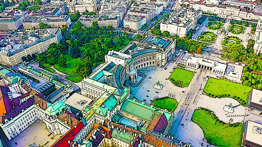 Color sketch in cartoon style. Vienna, Austria. Hofburg Palace (Neue Burg). Prince Eugen - The statue of the horseman. Flight over the city of Vienna, Aerial View, Point of interest
