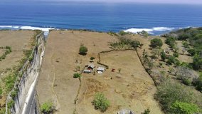 A drone flies above the Pandawa Beach area, capturing the expanse of savannah atop the cliffs that have been carved to create a road leading to the Indian Ocean beach. Aerial video.