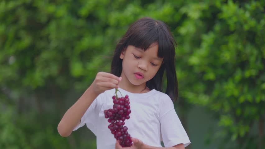 Asian Thai girls aged 6 to 8 years old, look cute and bright. Hand holding a bunch of red grapes standing outside outdoors She is eating grapes deliciously. The face has a smile.background is green.
