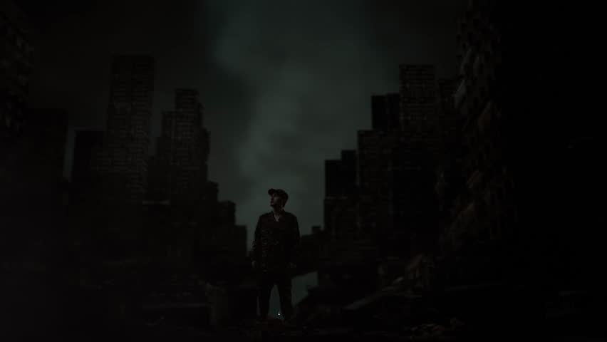 Full Body Of Asian Male Soldier Looking Around With Serious Facial Expression While Standing In The Midst Of A Ruined City After A War
