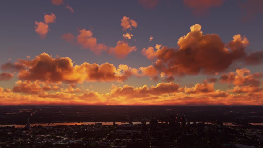 3D - Side aerial view at sunset of the city of St. Louis. Mississippi River in Missouri. United States