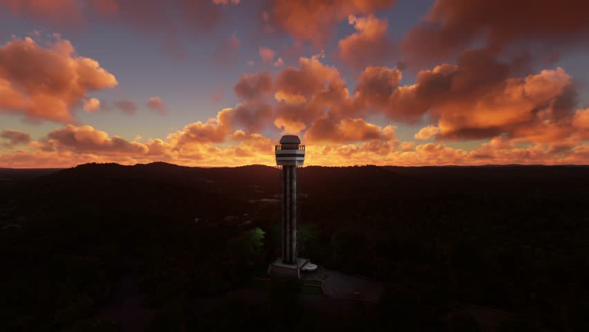 3D - Circular aerial view at sunset of Hot Springs Mountain Tower in Arkansas. United States