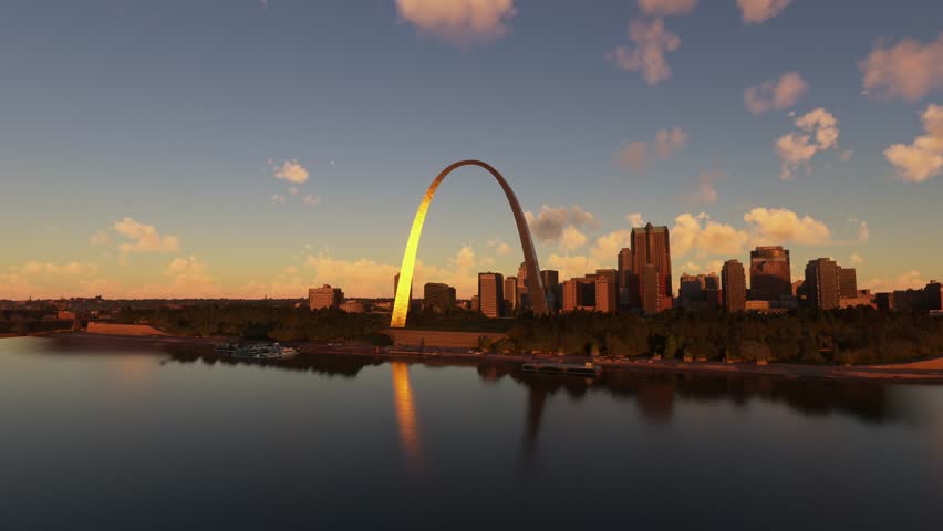 3D - The Gateway Arch - Aerial view at sunset of the city of St. Louis. Mississippi River in Missouri. United States Royalty-Free Stock Footage #1108195075