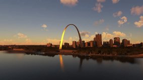 3D - The Gateway Arch - Aerial view at sunset of the city of St. Louis. Mississippi River in Missouri. United States