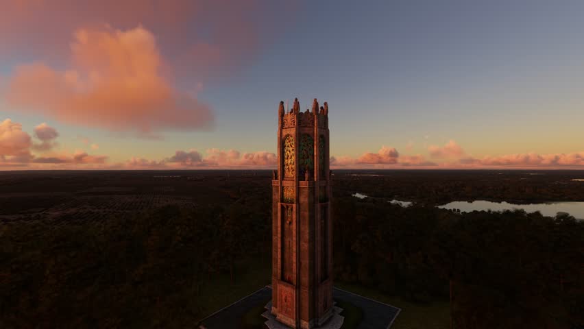 3D - Circular aerial view at sunset of Bok Tower Gardens - Lake Wales in Florida. United States