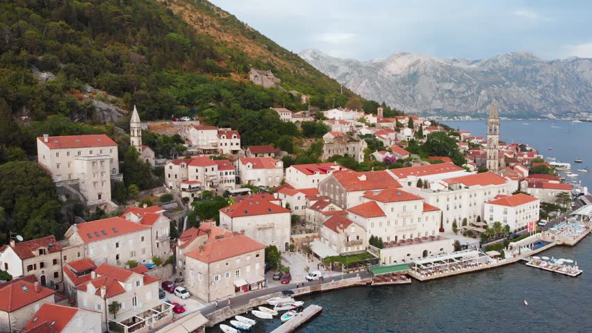 town harbour and St. Nicholas church in Perast, Montenegro