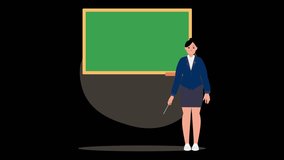 Cartoon back to school animation card, alpha channel 4k horizontal video. Beautiful female teacher make a presentation in the classroom for children back to school. 30 fps, animated education banner