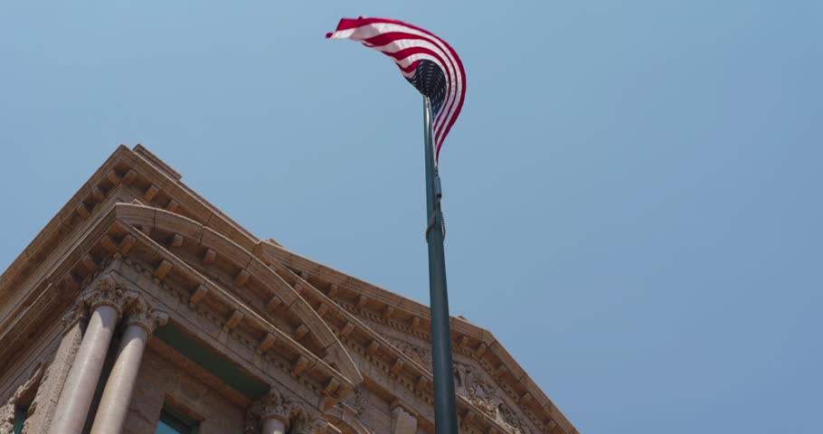 Low angle wide angle shot of the Tarrant County Courthouse in Fort Worth, Texas