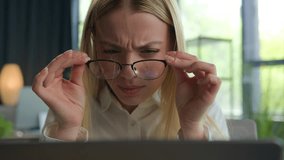 Caucasian girl business woman office employer with laptop computer overworked tired businesswoman manager with bad vision take off spectacles blurry eyesight problem eyestrain check broken eyeglasses - Powered by Shutterstock - Get 15% off with code: PIKWIZARD15
