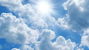 Blue sky with sun and clouds. Beautiful bright nature. Seamless looping video animation background 