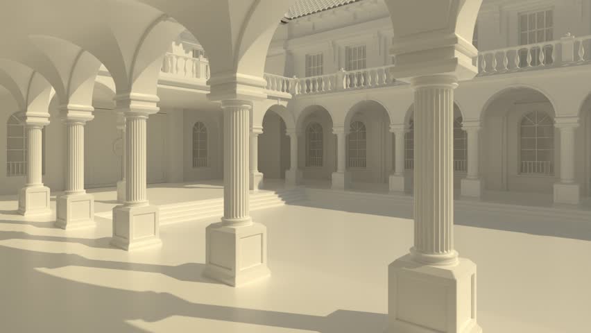 Columns of generic vintage Italian palace in Bologna city architectural style. Smooth dolly camera movement along facade. Clay 3d render