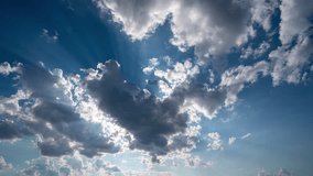 Blue sky white clouds. Puffy fluffy white clouds. Cumulus cloud cloudscape timelapse. Summer blue sky time lapse. Nature weather blue sky. White clouds background. Cloud time lapse , video