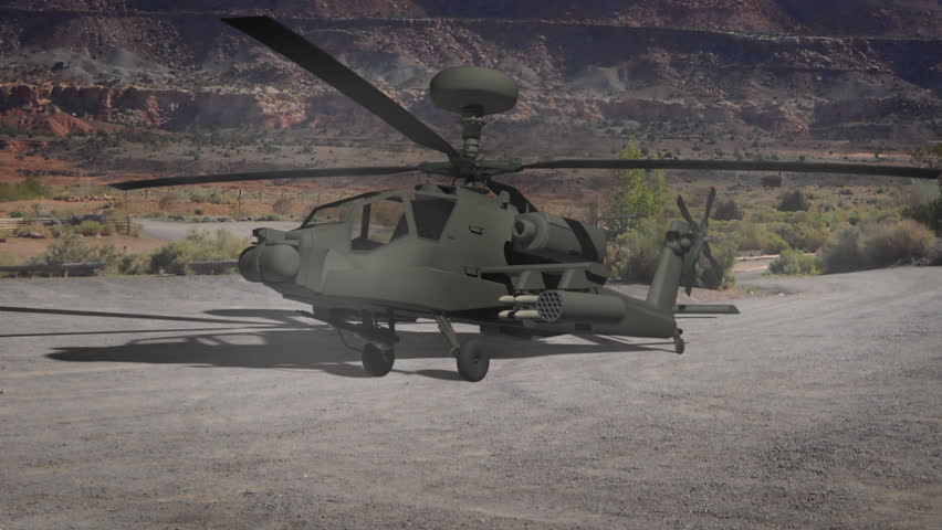 Animation of a take off of an Apache helicopter. The wicks of the helicopter