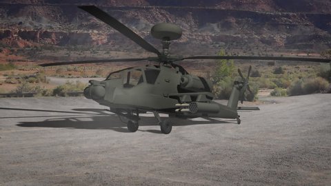 Animation of a take off of an Apache helicopter. The wicks of the helicopter commence rotating and the helicopter flies away from the scene.